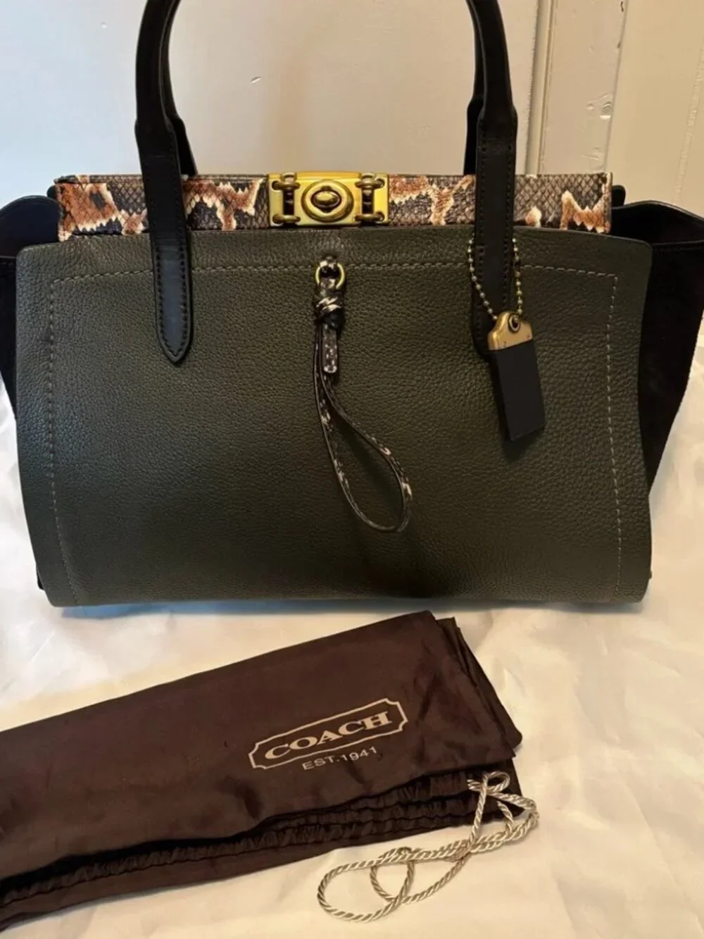 Rare Coach 1941 ArmyGreen & Black Troupe Satchel Carryall 35 w/ Snakeskin Accent